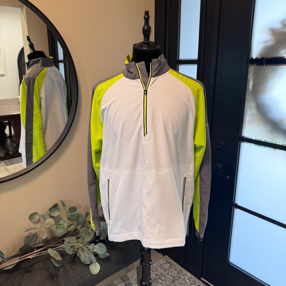 FootJoy Mens Golf Windbreaker Quarter Zip Jacket White Grey Lime Green Large